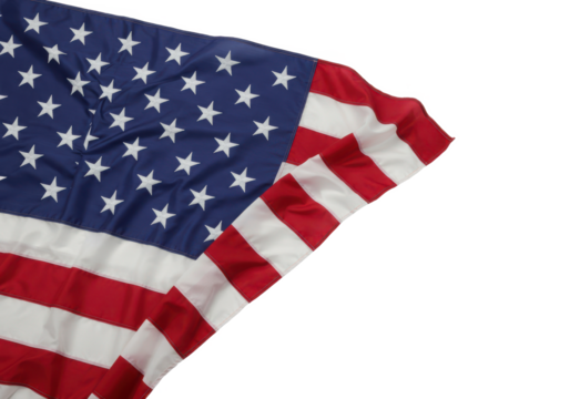 A rippling American flag with stars and stripes draped partially, isolated on a white background
