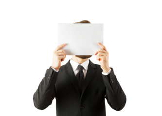 A man in a suit holding a blank white paper sheet over his face, isolated on a white background. Concept of anonymity, template, or presentation