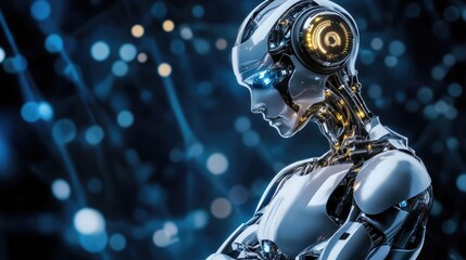 Fototapeta premium AI technology empowering modern business strategies, with smart systems, glowing algorithms, and predictive data analytics.