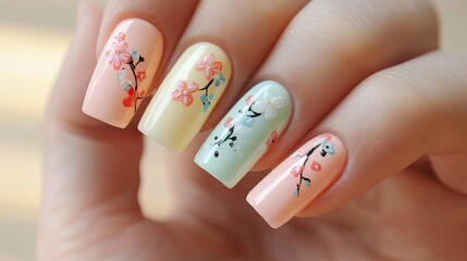 A beautiful set of nails painted in pastel colors, with intricate floral nail art accents, placed on a light wooden background, evoking a calm and delicate feeling.