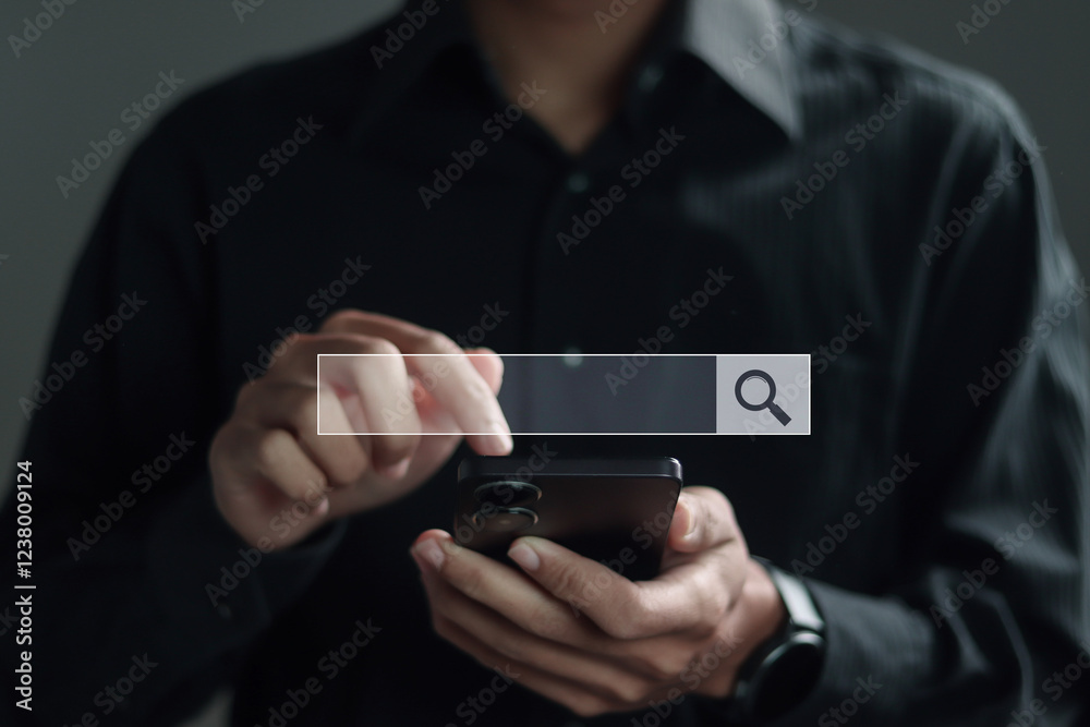 Wall mural seo search engine optimization concept. businessman use smartphone with search bar on virtual screen