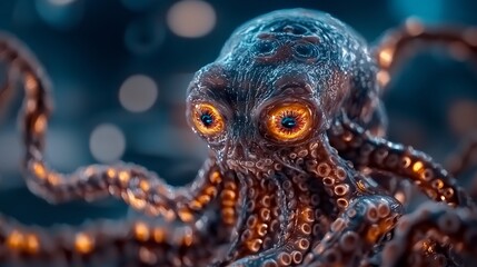 Obraz premium Close-up of a vibrant, detailed octopus with glowing eyes, set against a blurred underwater background