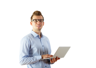 Man in striped shirt with glasses holding a laptop, isolated on a white background. Business concept, professional or technology template