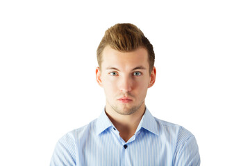 Young man in a striped shirt, isolated on a white background. Clean and minimalistic style. Concept of professional or formal presentation