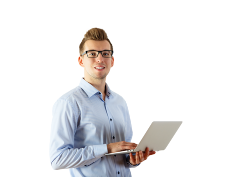 Man in striped shirt with glasses holding a laptop, isolated on a white background. Business concept, professional or technology template