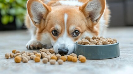 Dog food. Food for animals. Beautiful corgi eats food.