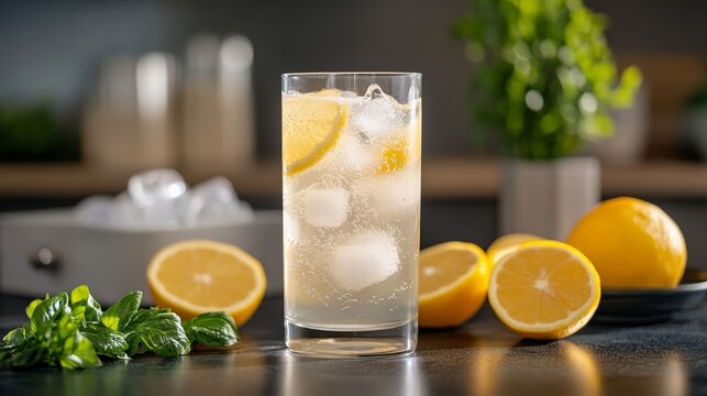 Elegant Modern soda siphon with a glass of freshly made sparkling water surrounded by citrus slices and ice on a sleek black countertop 