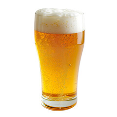 A pint of light beer in a glass, captured from an angle view for a food photo, showcasing the clarity and bubbles; isolated on white background.