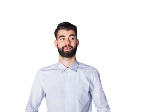 Casual-dressed man with a beard smiling and looking sideways, isolated on a white background. Concept of confidence and casual lifestyle - Powered by Adobe