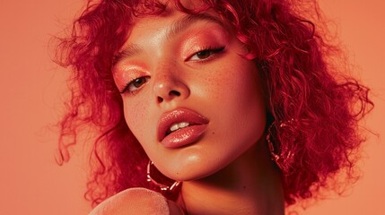 A radiant woman with stunning rose gold curls captivates in soft peach lighting. Her bold makeup and confident expression create an artistic aura, drawing attention to her vibrant beauty