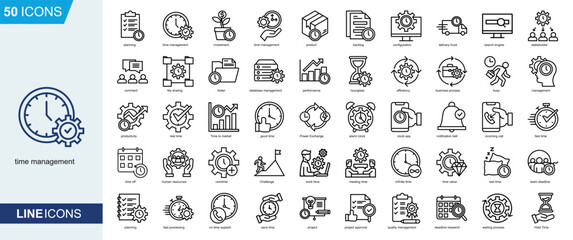 Time Management icon collection Line Style. planning, time management, investment, business, human resources, productivity
