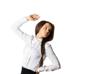 Woman wearing a white shirt with braided hair extending her arm overhead, standing on a white background. Concept of relaxation and stretching