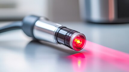 A laser therapy system emitting a red light beam, placed on a sterile white surface, representing advanced non-invasive therapy in modern medicine.
