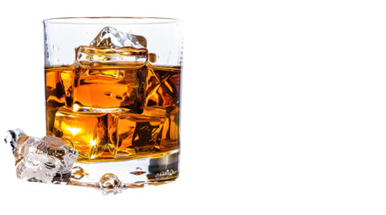 Glass of whiskey with ice cubes on transparent background