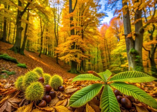 Deep focus captures autumn's yellow-green hues in a Thapsia Villosa-filled chestnut forest.