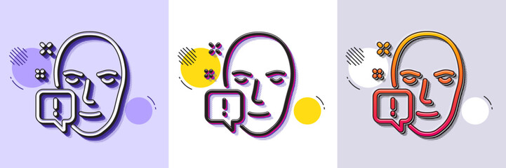 Face attention line icon. Halftone dotted pattern. Gradient icon with grain shadow. Exclamation mark sign. Facial identification info symbol. Line face attention icon. Various designs. Vector