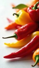 Close-up shot of assorted chili peppers, glossy finish, harvest, background, chilis