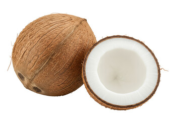 A whole coconut with rough, brown husk next to a halved coconut revealing the smooth white flesh inside