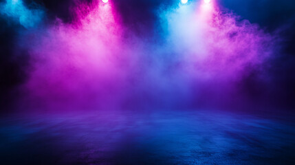 Fototapeta premium The Dark stage shows empty dark blue, purple, pink background, neon light, spotlights, The asphalt floor and studio room with smoke float up the interior texture for display products