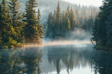 Misty Mountain Lake at Sunrise  Evergreen Forest Reflection
