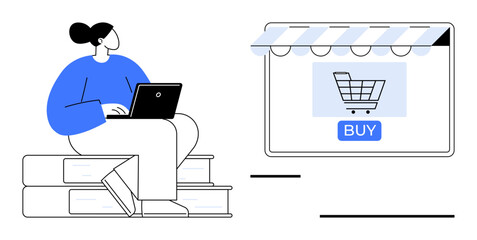 Woman sitting on stacked books, working on a laptop next to an e-commerce store interface featuring a shopping cart and BUY button. Ideal for e-commerce, online shopping, digital marketing, retail