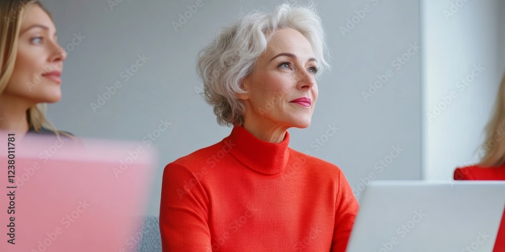 Aufkleber contemporary innovation workspace senior female leader engaged in collaborative brainstorming with l
