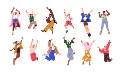Happy women jumping up, set. Joyful excited females celebrating victory, triumph, success, flying with active energy, joy, fun, festive emotions. Flat vector illustration isolated on white background