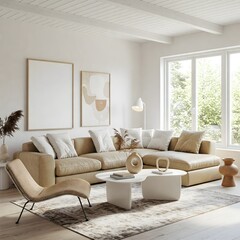 Frame mockup, ISO A paper size. Living room wall poster mockup. Interior mockup with house background. Modern interior design. 3D render