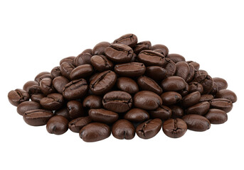Naklejka premium A pile of dark roasted coffee beans with a shiny, slightly oily surface, isolated on a white background