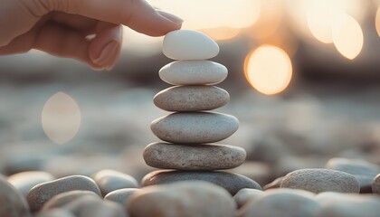 Hand Placing Stone Completing Balanced Rock Stack