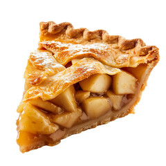 Apple pie piece on a plate, showcasing the flaky crust and apple filling, professional food photo, angle view composition; isolated on white background.