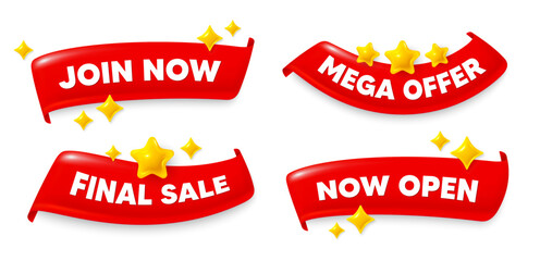 Join now flag ribbon. Mega discount, Final sale, Now open. Join now. Become member sign. Join team symbol. Red flag ribbon banners. Promo offer tags. Vector