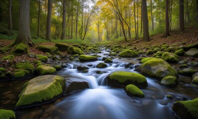 Serene forest stream with lush moss