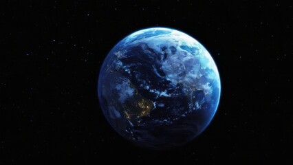 Obraz premium Earth in Motion: Digital Illustration of Planet in Blue Hue on Starry Night Sky Background viewed from High Angle