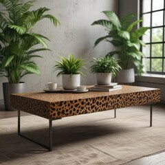 Fototapeta premium Leopard skin patterned coffee table with metal legs and plants, coffee table, nature