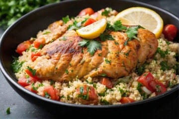 Fototapeta premium Golden Chicken and Couscous Dish in Black Bowl with Lemon and Parsley Garnish on Green Napkin