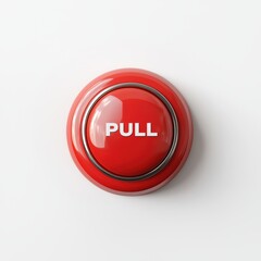 Fototapeta premium Emergency fire alarm button on a wall with â?˜PULLâ??? written on it, placed on a bright white background
