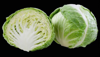Obraz premium Split cabbage head with fresh white outer layers and light green wrinkled inner layers on black background.