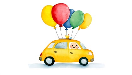 Happy Child Driving Yellow Car With Balloons