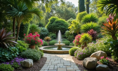 Serene garden with vibrant greenery