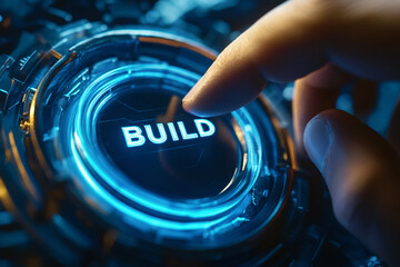 A high-tech concept image showing a human finger hovering over a blue-illuminated "BUILD" button, representing software development and technology
