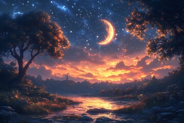 Fototapeta premium Tranquil Nightscape with Crescent Moon Shooting Star and Glowing Clouds Above Serene River