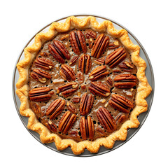 Pecan pie displayed on a plate, showcasing its rich texture and layered crust, professional food photo, top view composition; isolated on white background.