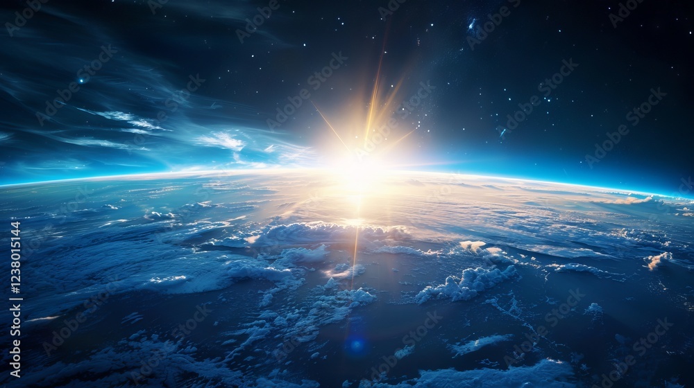 Wall mural Stunning blue sunrise on Earth’s horizon from space, atmospheric glow illuminating the planet against a vast cosmic backdrop, showcasing the celestial transition into daylight