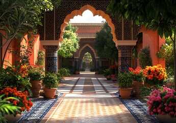 Fototapeta premium Peaceful Garden Pathway Lined with Flowers Leading to Arched Gateway