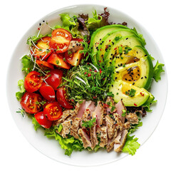 Avocado salad topped with fresh tuna, captured from a top view angle, professional restaurant style composition highlighting texture and color contrast.