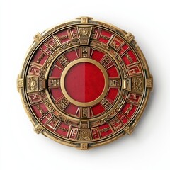Feng Shui Bagua mirror with intricate red and gold patterns, placed on a bright white background
