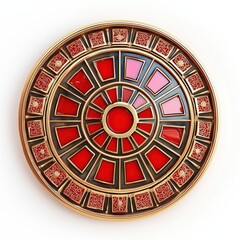 Feng Shui Bagua mirror with intricate red and gold patterns, placed on a bright white background