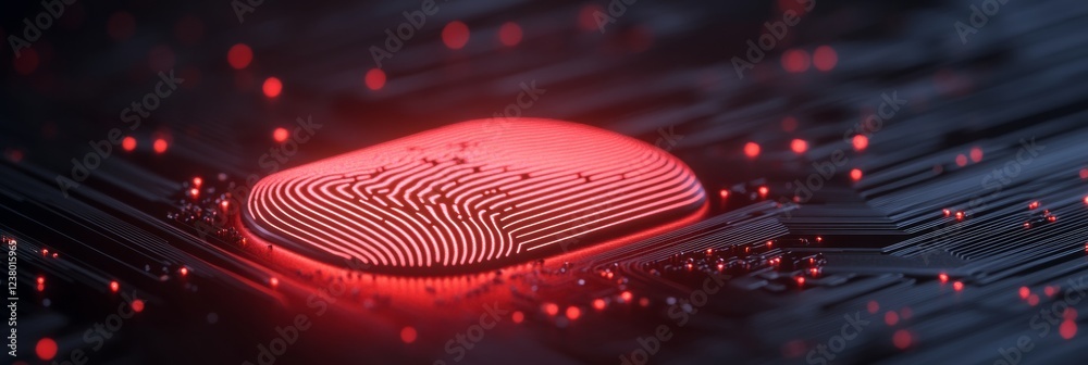 Poster Futuristic Biometric Security Display Circuit Board with Glowing Fingerprint Sensor - Advanced Tech Content and Secure Access Systems for Digital Privacy Solutions