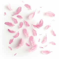 Light pink feathers gently floating on a clean white background, creating a serene and delicate image